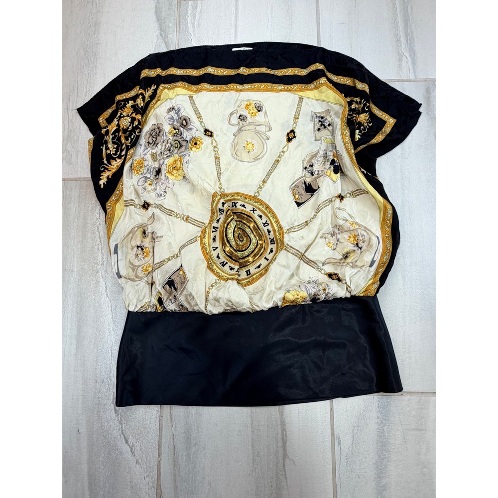 Vintage Cache Y2K Silk Clock Chain Baroque Print Dolman Blouse Black Gold Size M